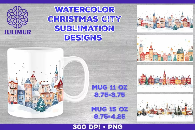 Watercolor Christmas City Mug Sublimation Design