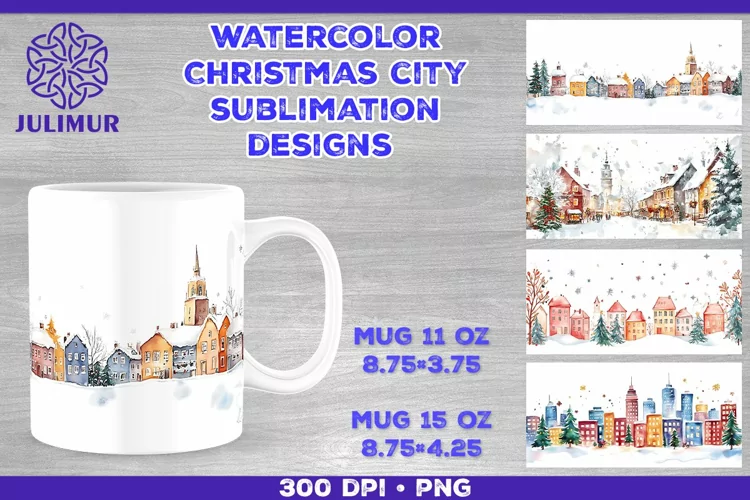Watercolor Christmas City Mug Sublimation Design
