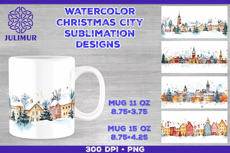 Watercolor Christmas City Mug Sublimation Design