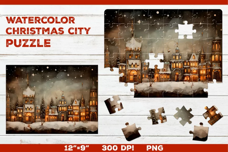 Watercolor Christmas City Puzzle Template