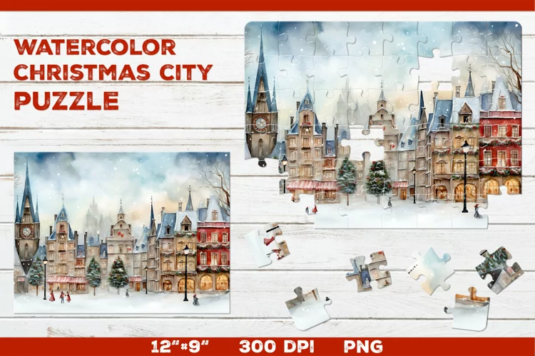 Christmas city in watercolor artwork