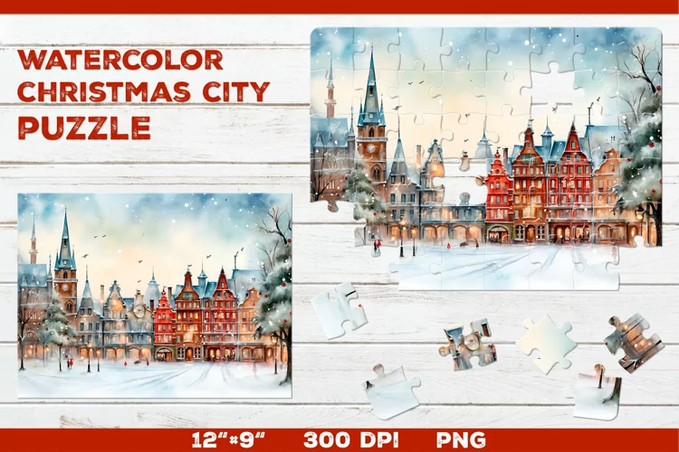 Watercolor Christmas City Puzzle Template. Christmas Puzzle