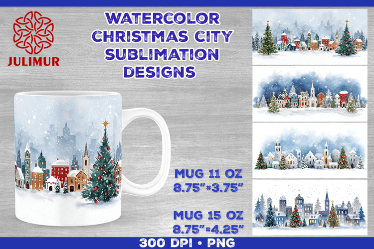 Watercolor Christmas City Mug Sublimation Design