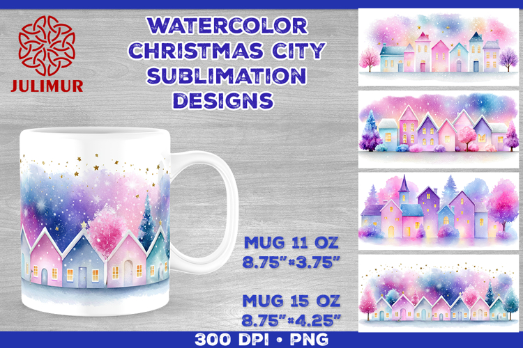 Watercolor Christmas City Mug Sublimation Design