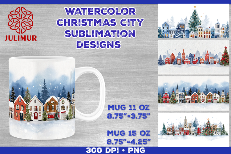 Watercolor Christmas City Mug Sublimation Design