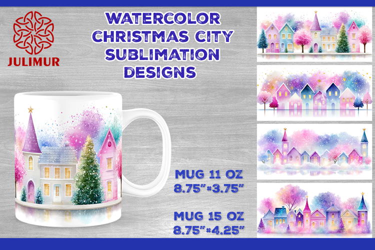 Watercolor Christmas City Mug Sublimation Design