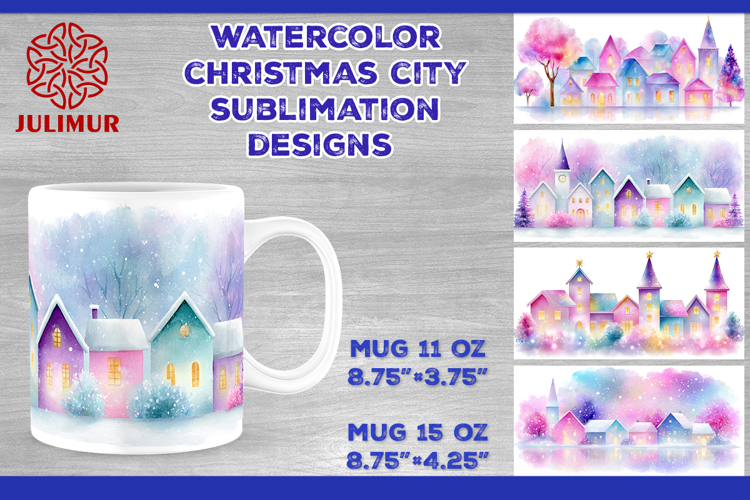 Watercolor Christmas City Mug Sublimation Design