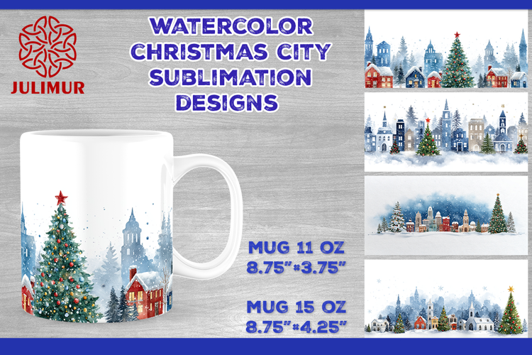 Watercolor Christmas City Mug Sublimation Design