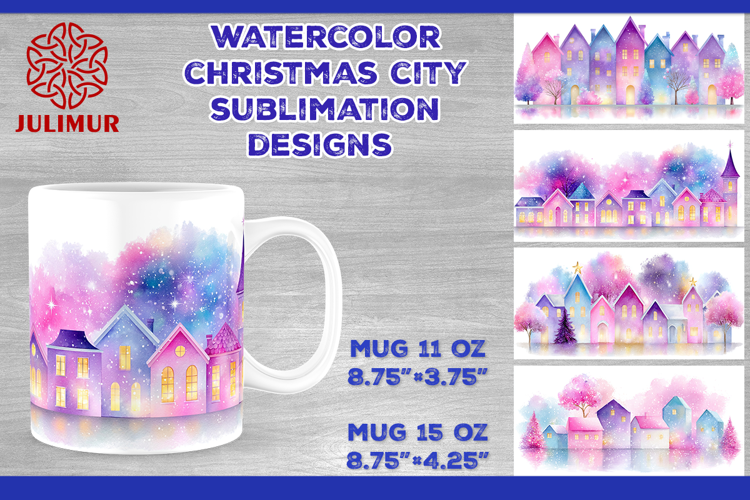 Watercolor Christmas City Mug Sublimation Design