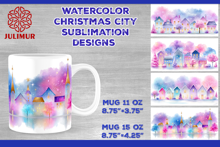 Watercolor Christmas City Mug Sublimation Design