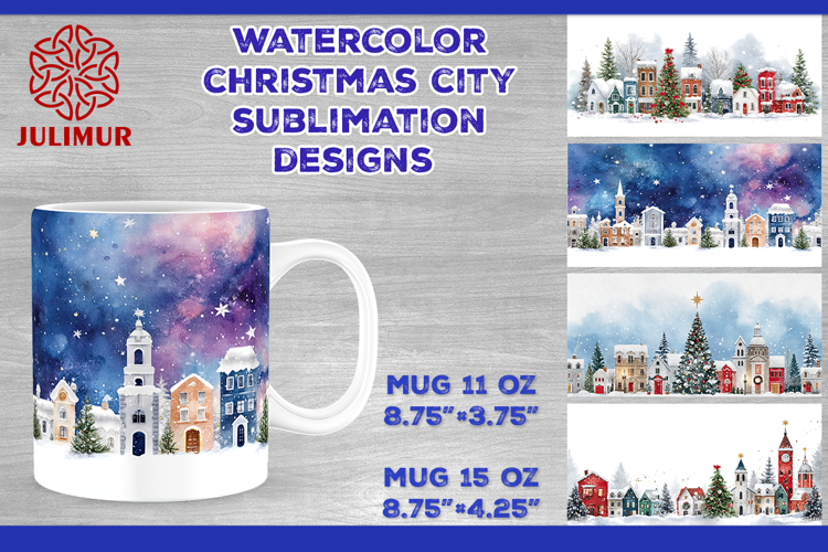 Watercolor Christmas City Mug Sublimation Design