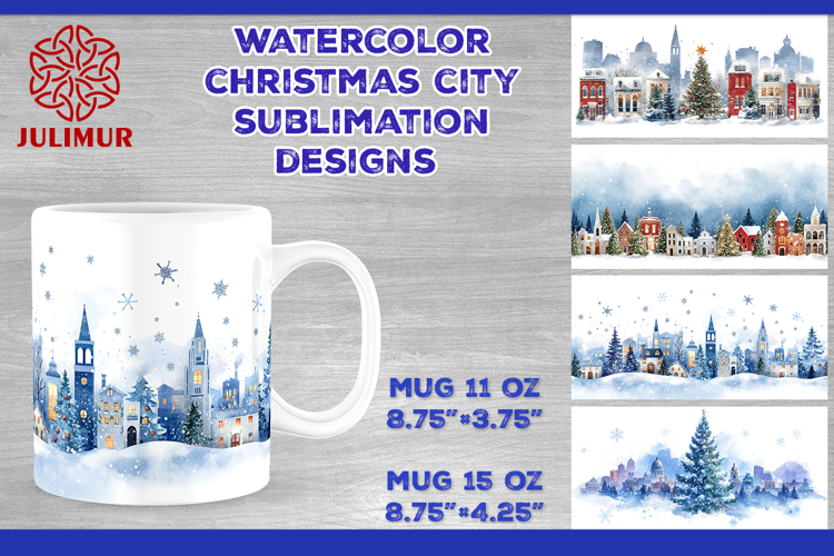 Watercolor Christmas City Mug Sublimation Design