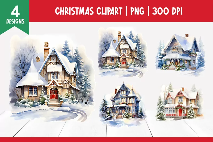 Christmas Watercolor Clipart Sublimation | House PNG