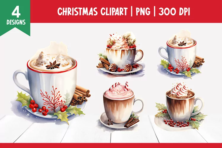 Christmas Watercolor Clipart Sublimation | Hot Cocoa PNG