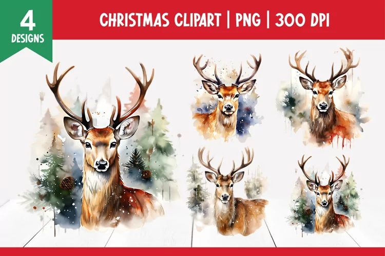 Christmas Watercolor Clipart Sublimation | Deer PNG