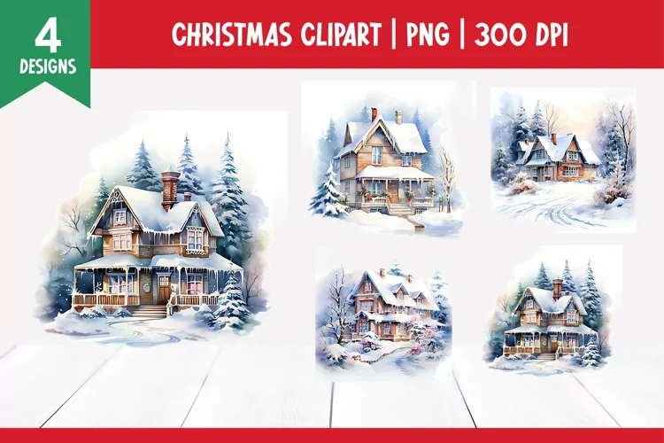 Christmas Watercolor Clipart Sublimation | House PNG