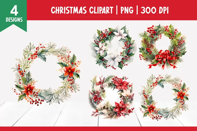 Christmas Watercolor Clipart Sublimation | Wreath PNG
