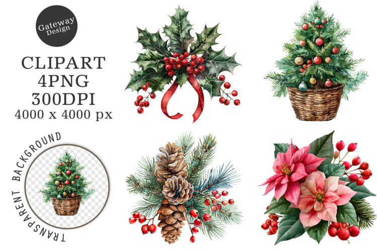 Watercolor Christmas Clipart example image 1