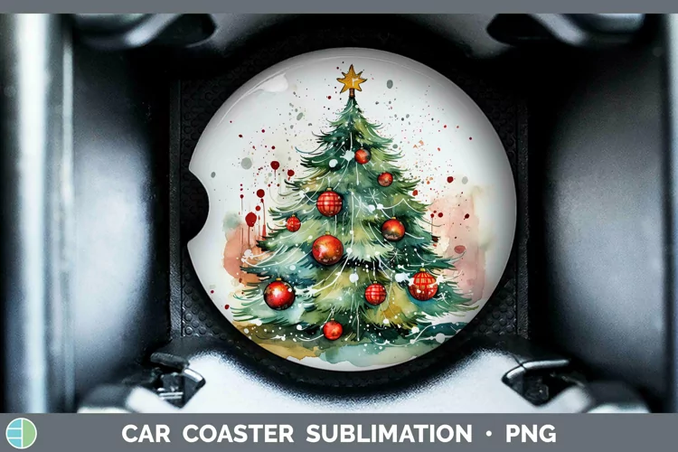 Watercolor Christmas Cmas Tree Car Coaster Sublimation Coast