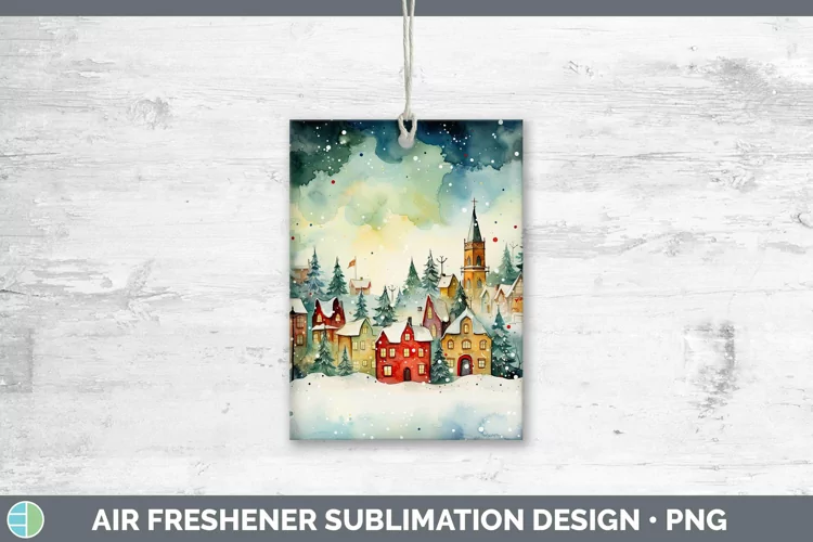 Watercolor Christmas Cmas Village Air Freshener Sublimation