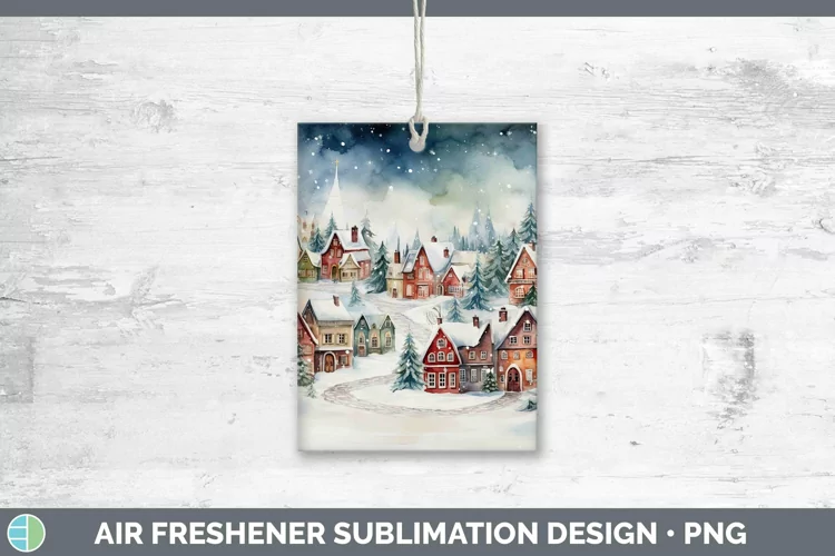 Watercolor Christmas Cmas Village Air Freshener Sublimation