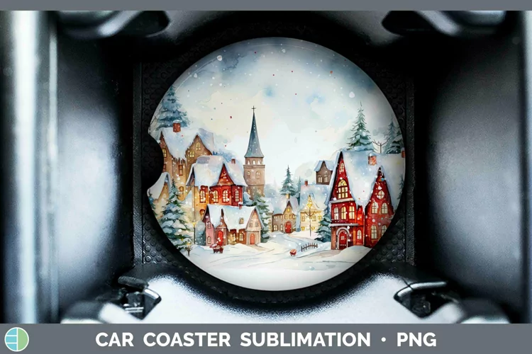 Watercolor Christmas Cmas Village Car Coaster Sublimation Co