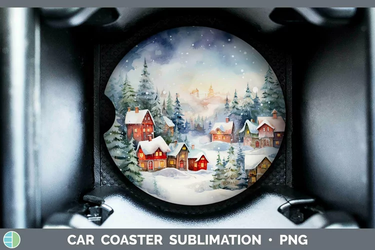 Watercolor Christmas Cmas Village Car Coaster Sublimation Co