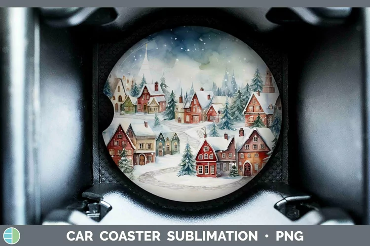 Watercolor Christmas Cmas Village Car Coaster Sublimation Co