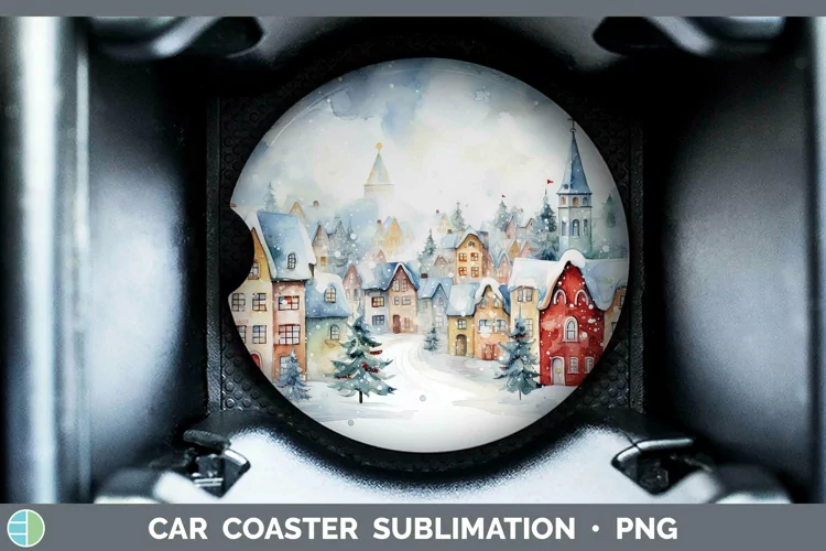 Watercolor Christmas Cmas Village Car Coaster Sublimation Co