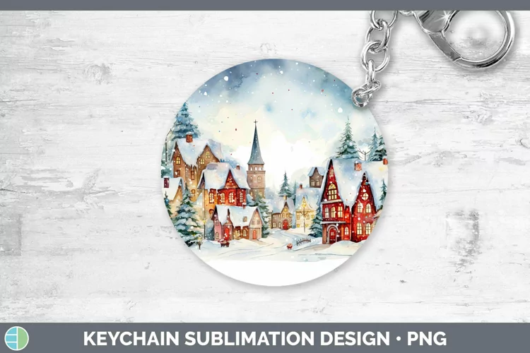 Watercolor Christmas Cmas Village Keychain Sublimation Keyri