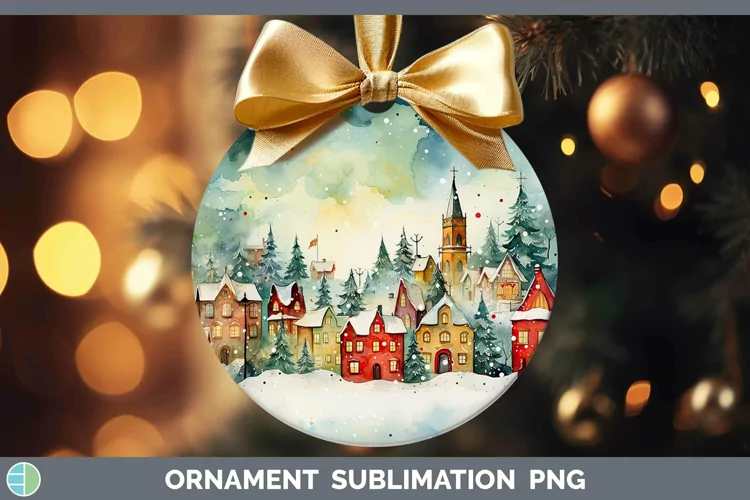 Watercolor Christmas Cmas Village Ornament Sublimation Baubl