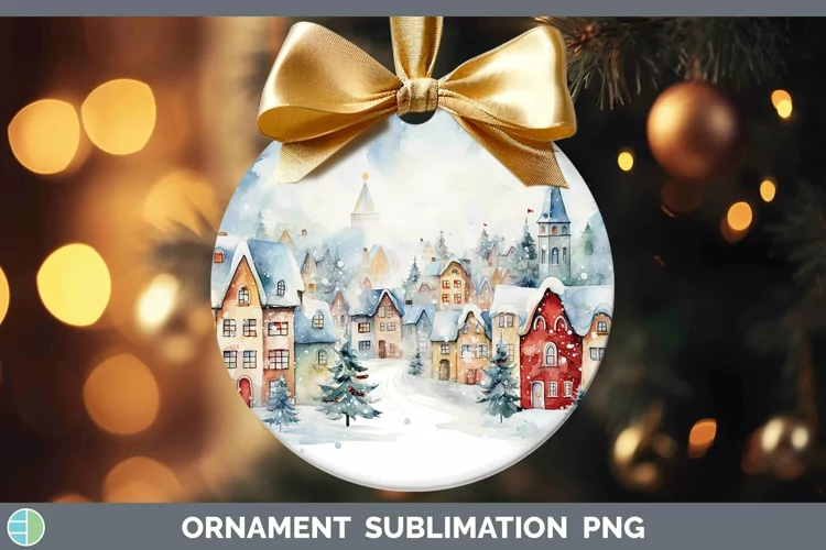 Watercolor Christmas Cmas Village Ornament Sublimation Baubl