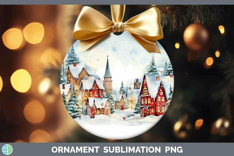 Watercolor Christmas Cmas Village Ornament Sublimation Baubl