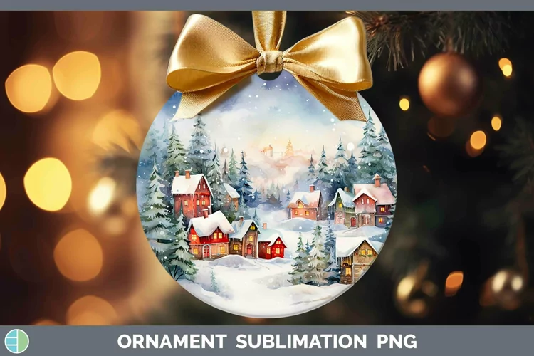 Watercolor Christmas Cmas Village Ornament Sublimation Baubl