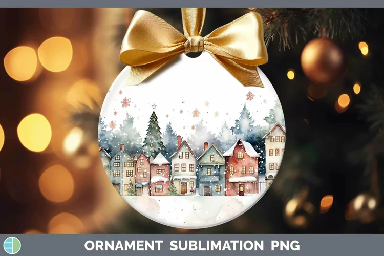 Watercolor Christmas Cmas Village Ornament Sublimation Baubl