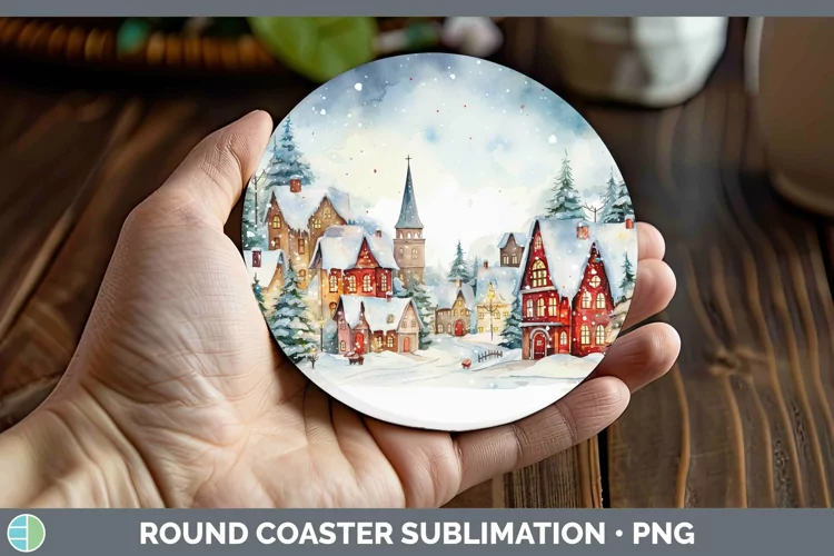 Watercolor Christmas Cmas Village Round Coaster Sublimation