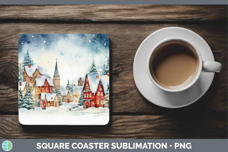 Watercolor Christmas Cmas Village Square Coaster Sublimation