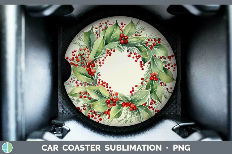 Watercolor Christmas Cmas Wreath Car Coaster Sublimation Coa