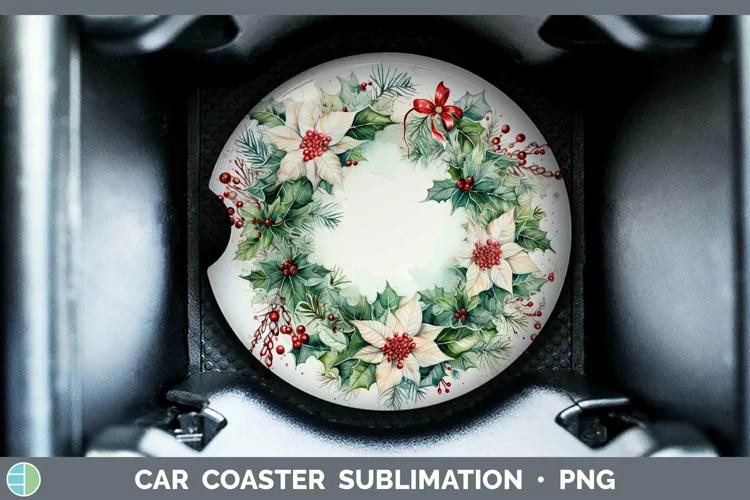 Watercolor Christmas Cmas Wreath Car Coaster Sublimation Coa