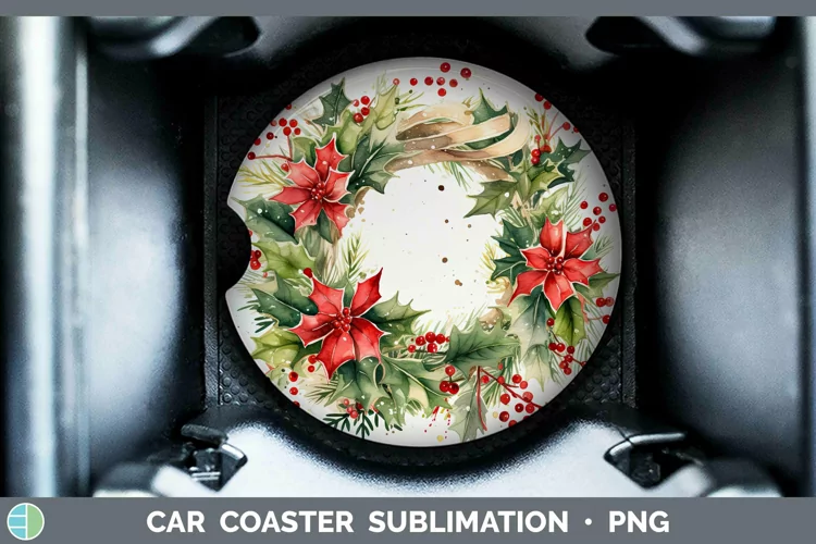 Watercolor Christmas Cmas Wreath Car Coaster Sublimation Coa