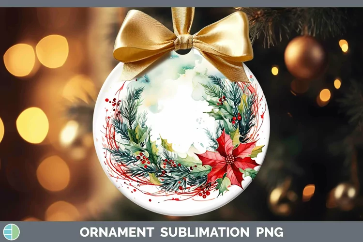 Watercolor Christmas Cmas Wreath Ornament Sublimation Bauble