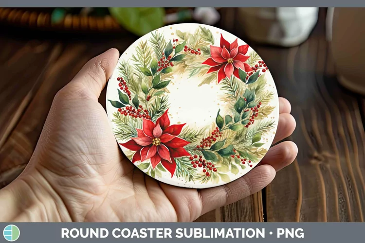 Watercolor Christmas Cmas Wreath Round Coaster Sublimation C