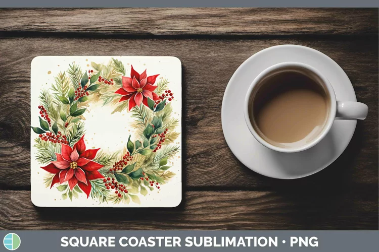 Watercolor Christmas Cmas Wreath Square Coaster Sublimation