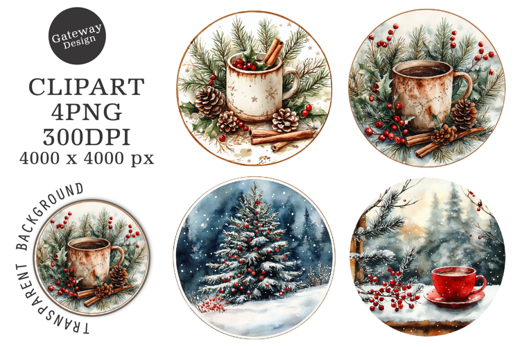 Watercolor Christmas Coaster Clipart