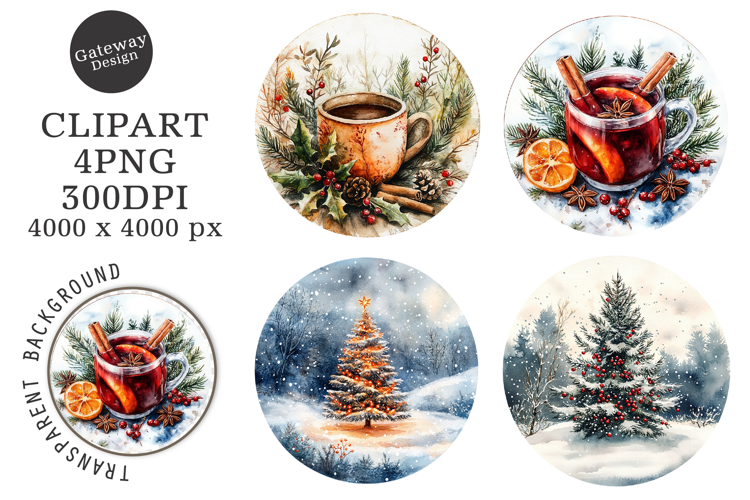 Watercolor Christmas Coaster Clipart