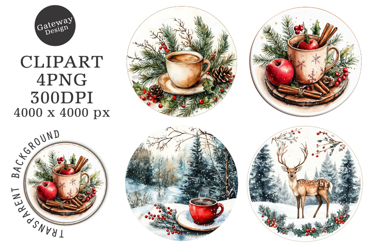 Watercolor Christmas Coaster Clipart