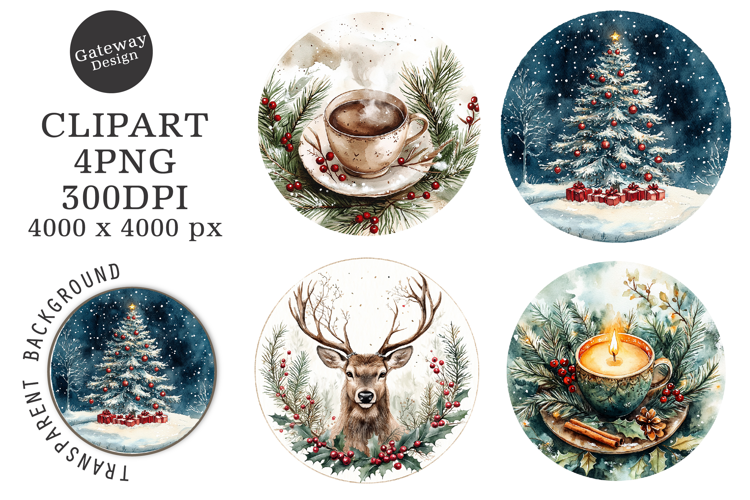 Watercolor Christmas Coaster Clipart