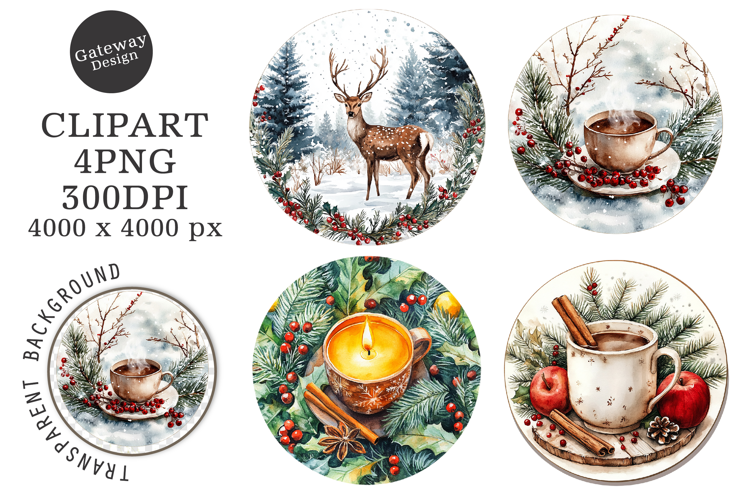 Watercolor Christmas Coaster Clipart