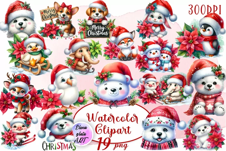 Watercolor Christmas Cute Animals clipart