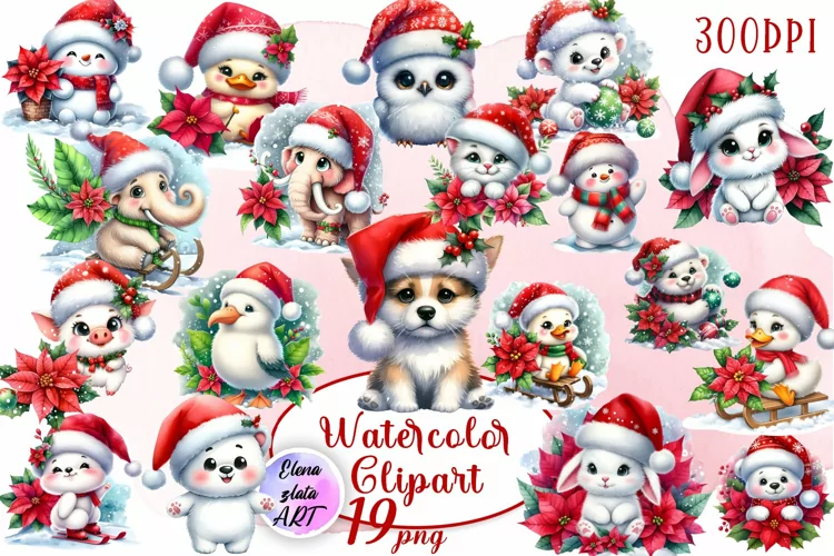 Watercolor Christmas Cute Animals clipart